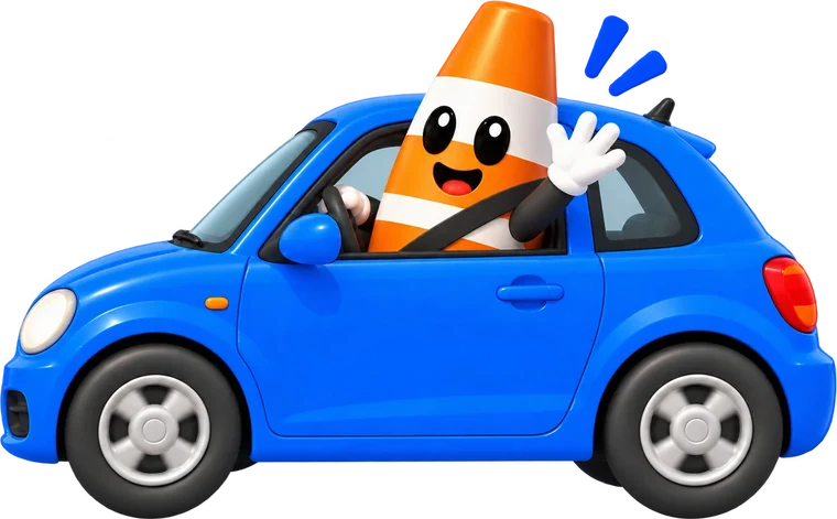 La mascotte Drively au volant d'une voiture bleue